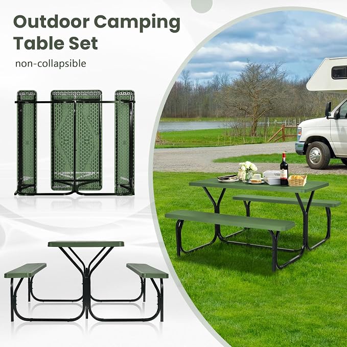 Picnic Table, Camping Portable Picnic Table Bench Set for 4 Persons, Heavy-Duty Steel Frame & Resin Tabletop, All Weather Outdoor Picnic Tables for Patio Travel BBQ Party Garden (Green)