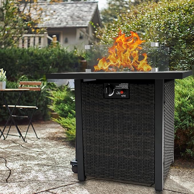 Propane Outdoor Fire Pit Table, 28" Rattan Square Fire Pit Table, Outdoor Gas FirePit W/Glass Wind Guard, Fire Pit Table top With Lid, CSA Listed, 50,000 BTU, Outside Patio Deck & Garden, Brown