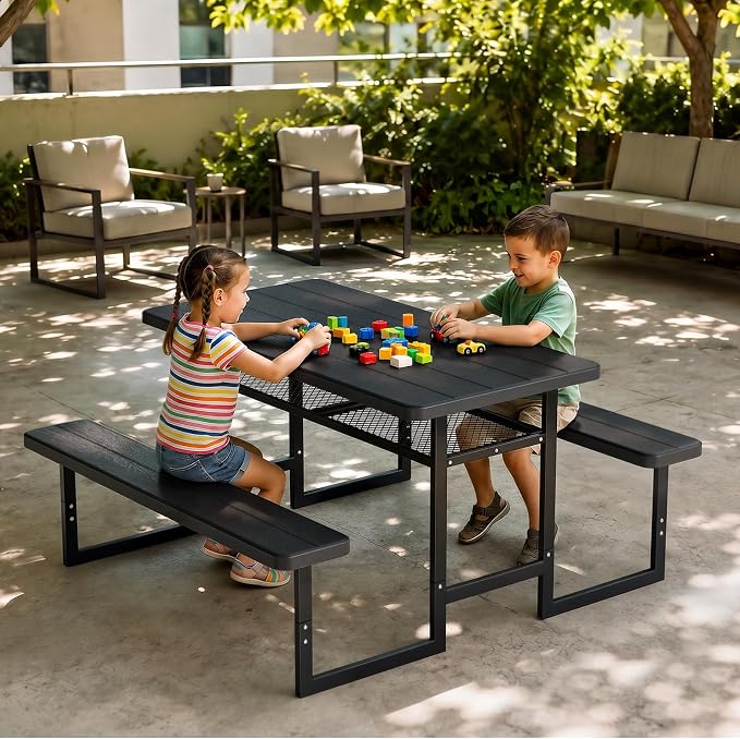 VINGLI Outdoor Picnic Table with Storage Shelf & Umbrella Hole, 4.5FT All Weather Metal Frame HDPE Tabletop Plastic Picnic Table for Dining Party Garden(Black)