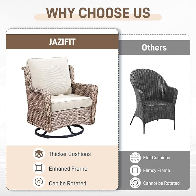 3 Piece Patio Furniture Set,Outdoor Wicker Swivel Chair Set with Side Table, All-Weather Cushioned Patio Conversation Set for Small Spaces, Porch, Balcony, Beige