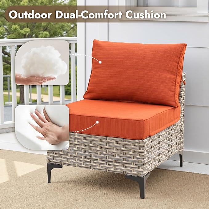 6 Pieces Patio Furniture Set with 42" Fire Pit, All-Weather Rattan Outdoor Sectional Conversation Sets L Shaped Sofas with Solar Light Coffee Table for Porch Balcony Backyard Orange