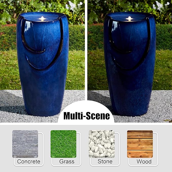 Glitzhome 29.25" Outdoor Garden Fountain Ceramic Jar Water Fountain with LED Lights and Pump Cascading Waterfall Vase Fountain for Patio Garden Yard Porch,Cobalt Blue