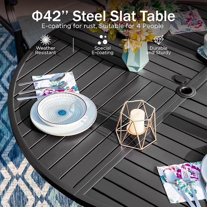 PHI VILLA Round Outdoor Dining Set for 4 with Aluminum Chairs, Blue | Stackbale chairs, Breathable & quick-drying sling, Light-weight & space-saving, Metal Table, Umbrella Hole, Patio deck