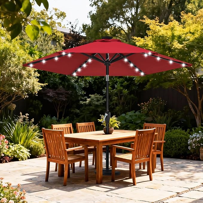ABCCANOPY Durable Solar Led Patio Umbrellas with 24LED Lights 7.5FT with 6 Sturdy Ribs (Burgundy)