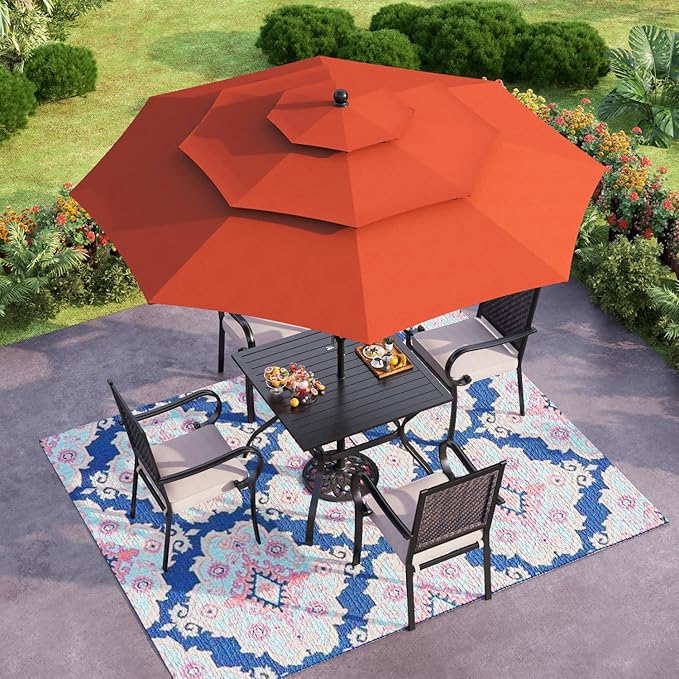 GREEN PARTY 10ft Outdoor Patio Umbrella, [Auto-Tilting] 3 Tiers Market Table Umbrellas with 1.5" Pole, 8 Sturdy Ribs, 3-Year-Non-Fading for Garden Deck Pool Backyard, Orange Red
