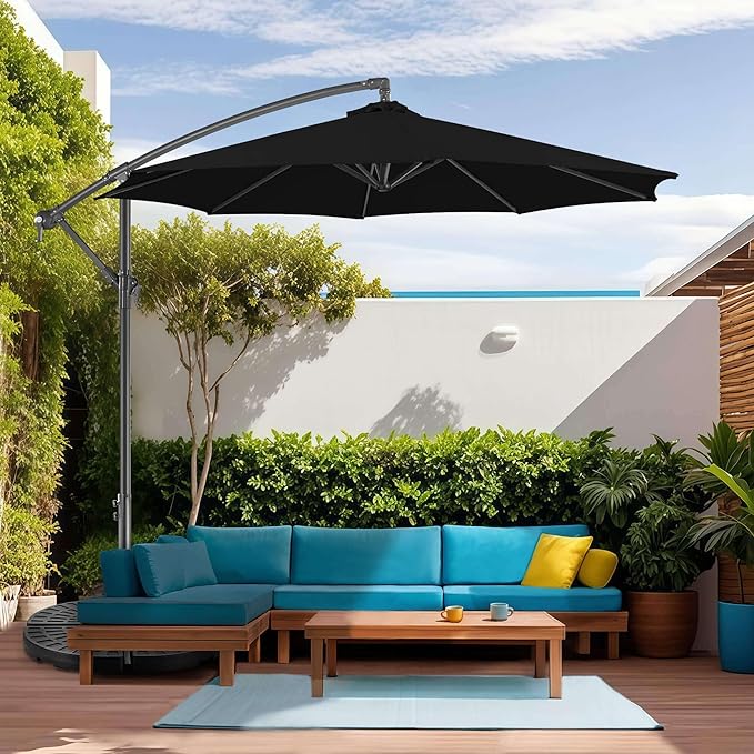 FLAME&SHADE 10ft Cantilever Patio Umbrella Outdoor, Large Offset Umbrella with Crank and Cross Base, UPF 50+ UV Protection Hanging Umbrella for Pool Deck Garden, Black