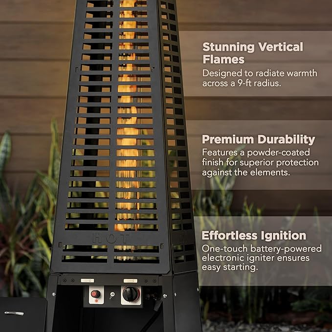 Fire Sense 66991 Pyramid Flame Patio Heater 40,000 BTU Outdoor Propane Heater Tower with Wheels - Black