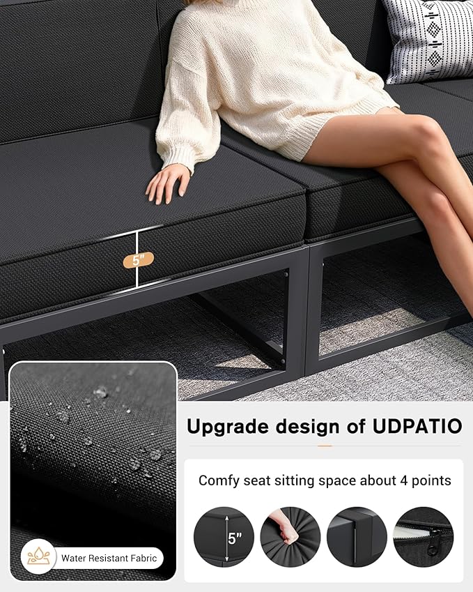 UDPATIO Aluminum Patio Furniture Set with Fire Pit Table, Modular Oversized Outdoor Sectional of Olefin 5 inch Cushion, Coffee Table and Waterproof Cover, Patio Conversation Sets for Porch, Deck