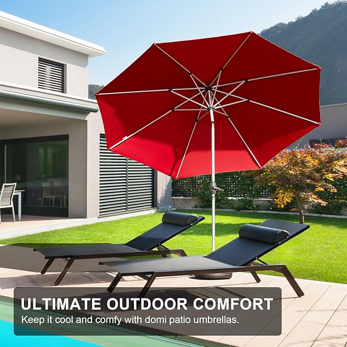 Domi 9FT Patio Umbrella Outdoor Market Umbrella with Silver Aluminum Pole, UV Resistant Canopy, Wind Vent, Tilt & Crank System, Perfect for Patio, Garden, Deck, Pool, Outdoor Dining, Red