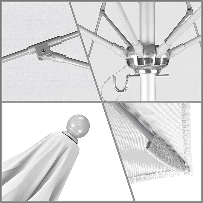 California Umbrella 9' Round Aluminum/Fiberglass Umbrella, Push Open, Silver Pole, Sunbrella Natural Fabric