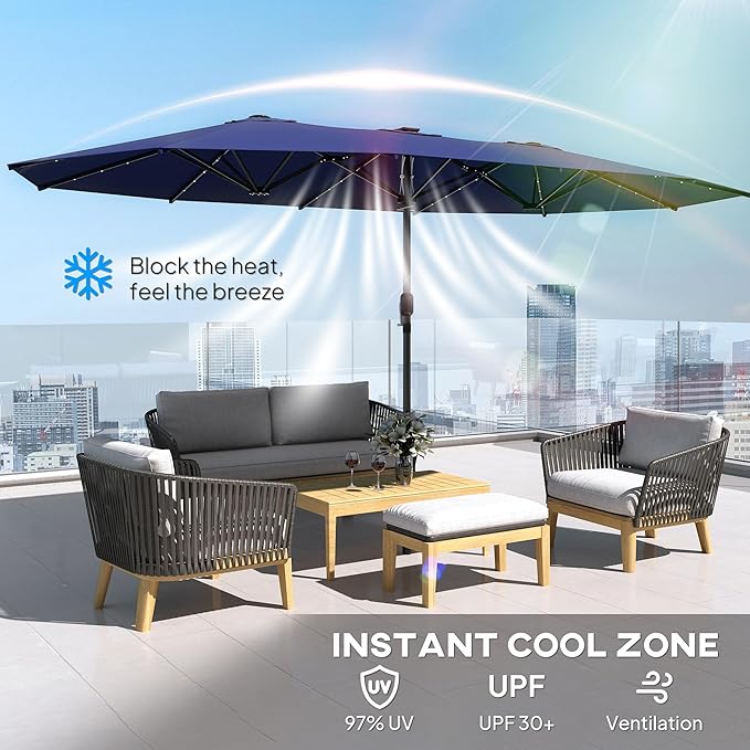 Outsunny 14.8ft Double Umbrella, Large Outdoor Patio Sun Shade with LED Solar Light for Garden