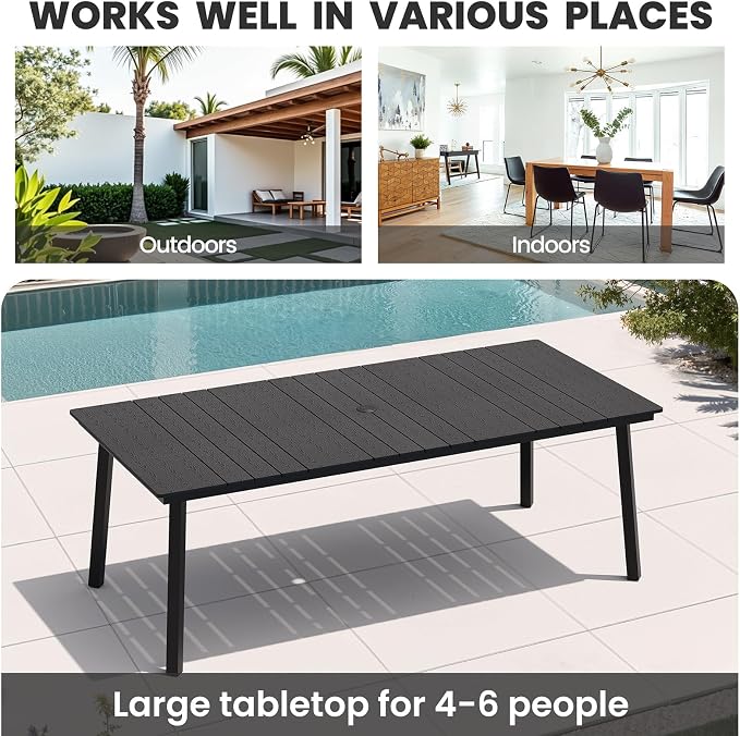 Crestlive Products Outdoor Dining Table for 6, 70" Rectangular Patio Table with Metal Frame 1.6" Umbrella Hole for Backyard Balcony Garden, Black
