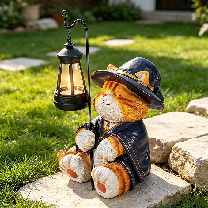 Decorative Solar Lights Garden Cat Statue Outdoor Figurine Light Themed Wizard Cat Lantern for Garden Decoration Outdoor Decor