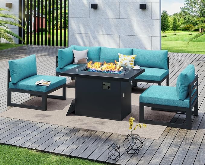 NICESOUL® 6 Piece Oversized Modern Grey Aluminum Outdoor Patio Sectional Set with Fire Pit Table Propane/Natural Gas, 29'' Deep Wide Sofa Conversation, 500lbs Sturdy Comfy L Shaped Couch, Turquoise