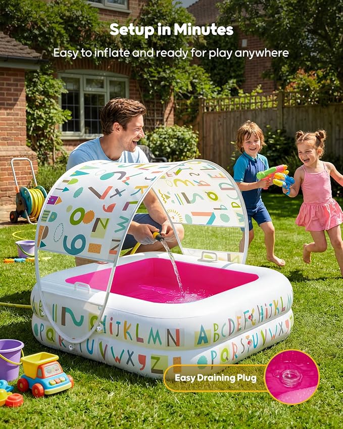 QPAU Baby Pool with Detachable Canopy for Sun Protection, 35" x 10" Portable Inflatable Kids Pool with Padded Bottom, Kiddie Pool & Ball Pit with Handles for Backyard and Indoor, Ages 1-3 (Pink)