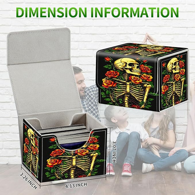Card Deck Box for MTG, Cards Storage Box Fits 120+ Sleeved, Leather Small Size Strong Magnetic Closing Card Case for Board Games Magic TCG CCG Baseball Collection, Skull Red Rose
