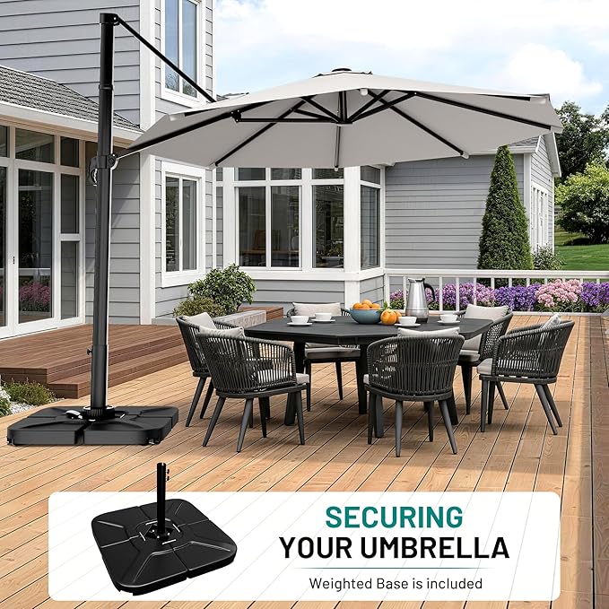 AreShark 11FT Round Cantilever Patio Umbrella with Base Included, 360° Rotation Offset Outdoor Umbrella, 5 Tilt Settings Heavy Duty Hanging Parasol for Deck Garden Pool, Light Grey