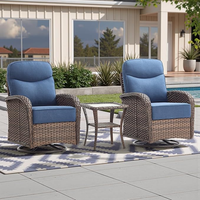 Luxury 6-Inch Cushion Outdoor Swivel Rocker Patio Chairs with Side Table, High Back Wicker Patio Furniture Set for Deck Porch Garden Balcony and Poolside Blue Cushion