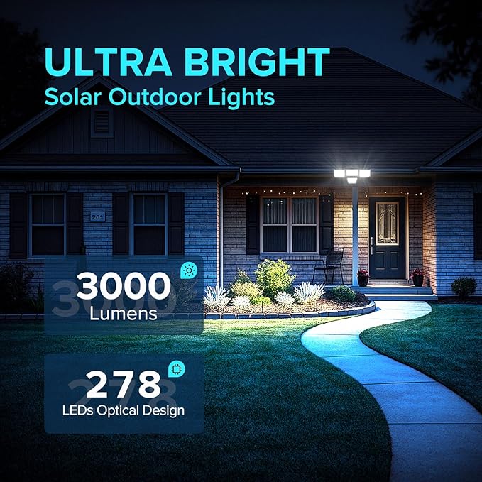 JJX Solar Outdoor Lights 3000LM 278 LED, 1 Pack 4-Head Motion Sensor Outdoor Lights, 6500K IP65 Waterproof 4 Lighting Modes Solar Security Light for Yard Garden Driveway with Remote Control