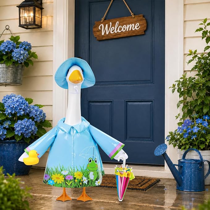 GJL Porch Goose Raincoat Outfit Fits 23 Inch Plastic Cement Goose Statue, Lawn Goose Clothes Set with Umbrella and Hat for Spring Summer Outdoor Yard Garden Decor (Blue-01)