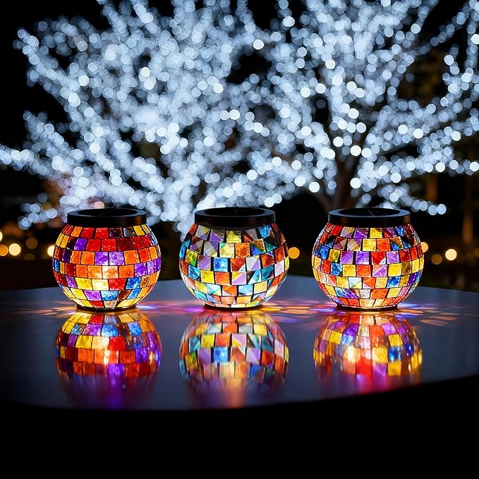 Cooo 6 Pack Gift for her him Landscape Lighting Path Lights Heavy Solar Mosaic Lantern with RGB Color-Changing Light – Dual Solar Panels, Red Amber Glass Tiles, Waterproof Outdoor