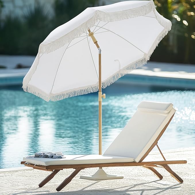 6.5FT Boho Patio Umberlla with Fringe,UPF50+ Outdoor Umbrella with Fiberglass Ribs and Push Button Tilt,Tassels Umbrella for Beach,Terrace,Picnic