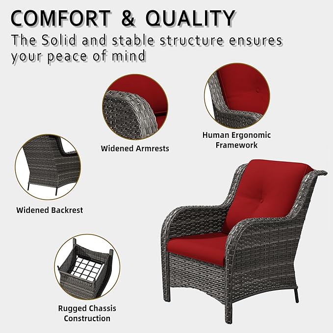 5 Pcs Patio Furniture Set with Fire Table-31'' Fire Pit Table, 4 Outdoor Rattan Wicker Conversation Chairs (4 Fixed Chairs) (Red)