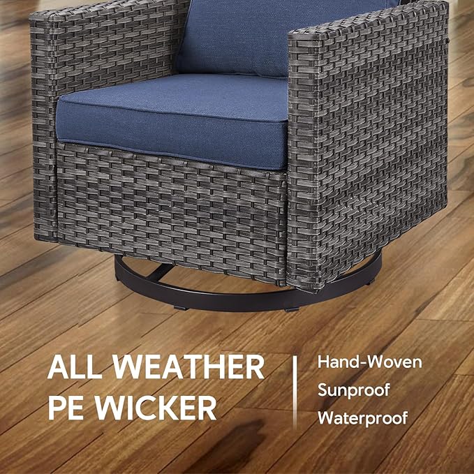 4 Piece Wicker Patio Furniture with Fire Pit Table - Outdoor Conversation Set with 50,000 BTU Fire Pit, All Weather Rattan Patio Set for Deck Backyard Garden - Grey Wicker Blue Cushion