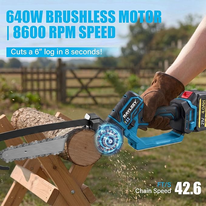 8-Inch Battery Chainsaw Cordless Mini Chainsaw 640W Brushless Electric Chainsaw 13m/s 2x4000mAh Batteries Built-in Caliper 90° Rotating Head 3.75lb Small Battery-Powered Chainsaw Pruning