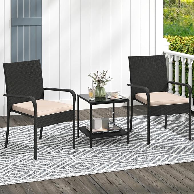 Tangkula 3 Pieces Patio Furniture Set, PE Rattan Outdoor Cushioned Conversation Chairs with 2-Tier Tempered Glass Tabletop Table, for Balcony, Garden and Poolside (Beige)