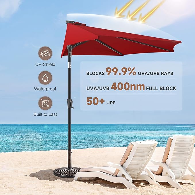 FLAME&SHADE 9 FT Solar Half Patio Umbrella with 25 LED Lights, Half Outdoor Umbrella with Button Tilt, Half Round Table Umbrella For Deck, Backyard, Balconies, Decks, Rvs, UV Protection (Red)
