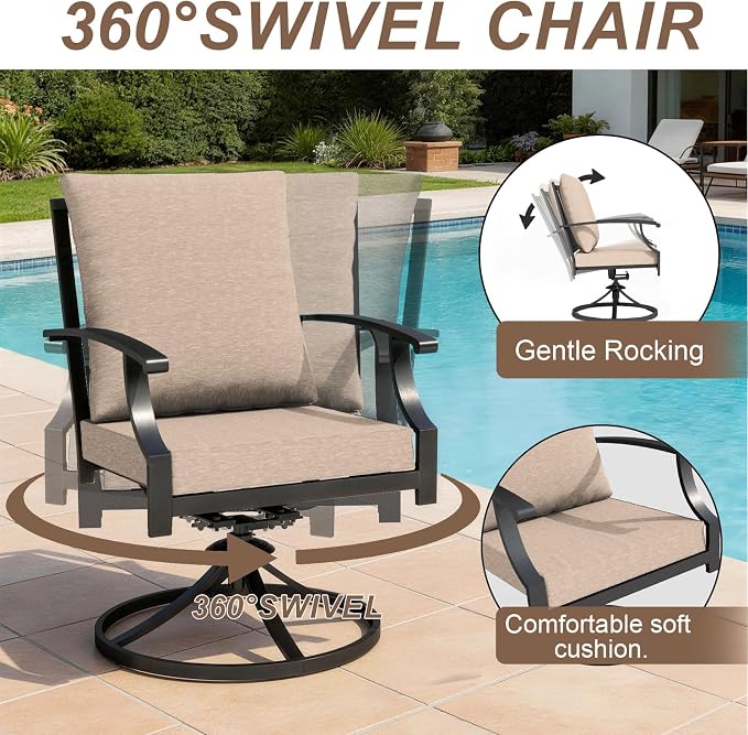 Patio Dining Set for 10 with 13.6ft Double-Sided Patio Umbrella,Outdoor Dining Set of 6 Metal Chairs and 2 Swivel Chairs with Umbrella Hole Table for Backyard,Garden,and Poolside(Brown)