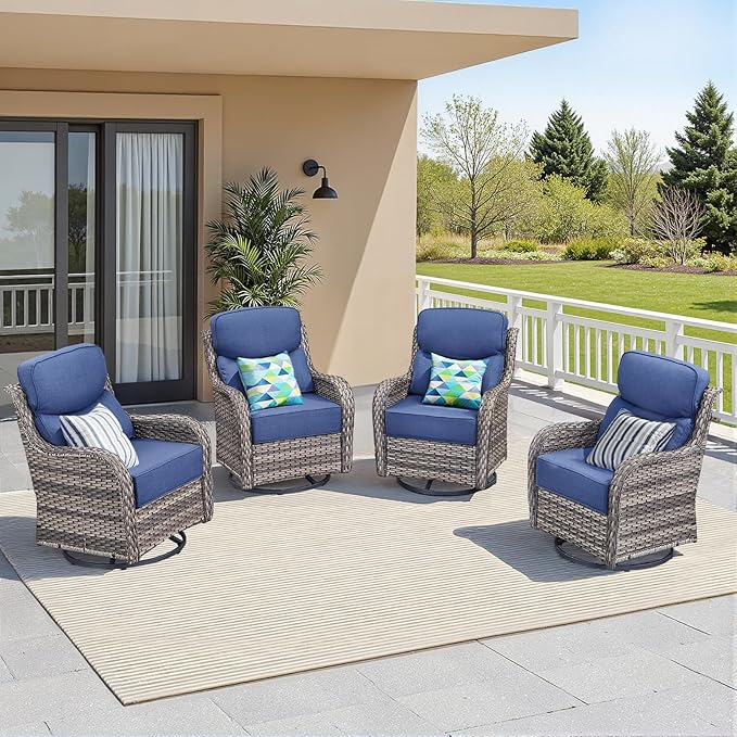 Luxury Outdoor Swivel Rocker Patio Chairs-4 Pieces High Back Swivel Rocker Patio Chairs with Thick Cushions All Weather Wicker Outdoor Furniture Set for Deck Porch Balcony(Grey/Blue)