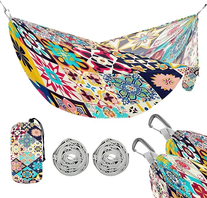 Qilmy Colorful Geometric Pattern Camping Hammock Single – 330 lbs Capacity, Lightweight with Tree Straps & Carabiners, Portable for Hiking, Travel, Backpacking