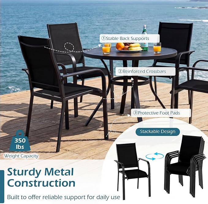 Tangkula 7 Pieces Patio Dining Set for 6, 63” x 33” Outdoor Rectangle Metal Table with Umbrella Hole & 6 Stackable Breathable Mesh Armchairs, Outside Furniture Set for Backyard, Garden & Porch (Black)