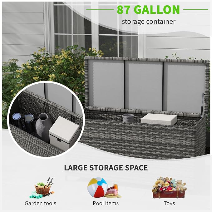 83 Gallon Deck Box, Large Outdoor Storage Chest, PE Wicker Trunk for Outside on Wheels for Tools, Pool Supplies Patio Furniture Cushions, Gray