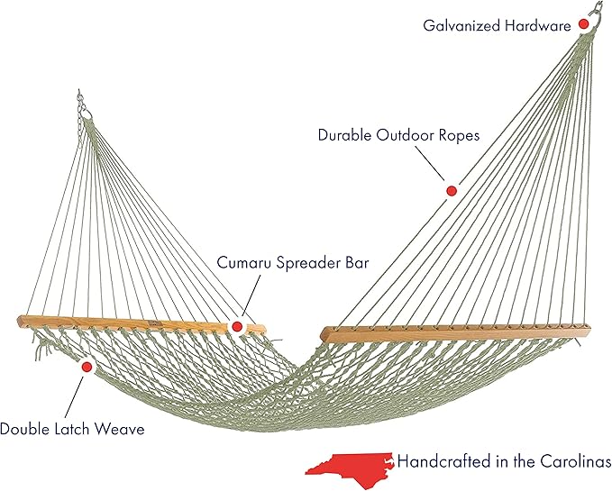 Nags Head Hammocks Admiral Meadow DURACORD Rope Hammock – 13 ft. x 65 in., 2-Person, 450 lb Capacity, Cumaru Spreader Bar, Free Chains & Tree Hooks, Handcrafted in The USA