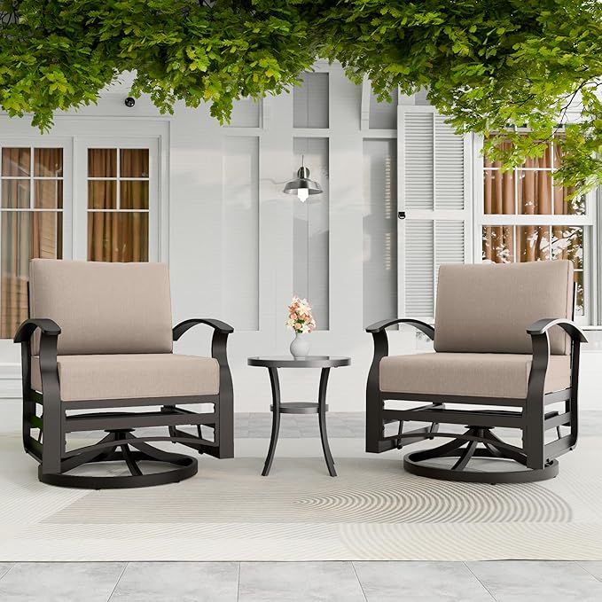 3 Piece Aluminum Swivel Rocking Chair Set, Outdoor Patio Swivel Gliders Chair with Glass Top Coffee Table, Conversation Furniture Set Suitable for Patio, Lawn, Outdoor, Back Garden(Brown)