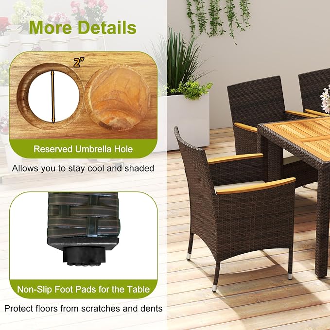9 Pieces Patio Dining Set for 8, Outdoor Acacia Wood Table and PE Rattan Chairs with 2" Umbrella Hole, Cushions, Wicker Outdoor Dining Furniture Set for Backyard, Garden, Deck(Beige)
