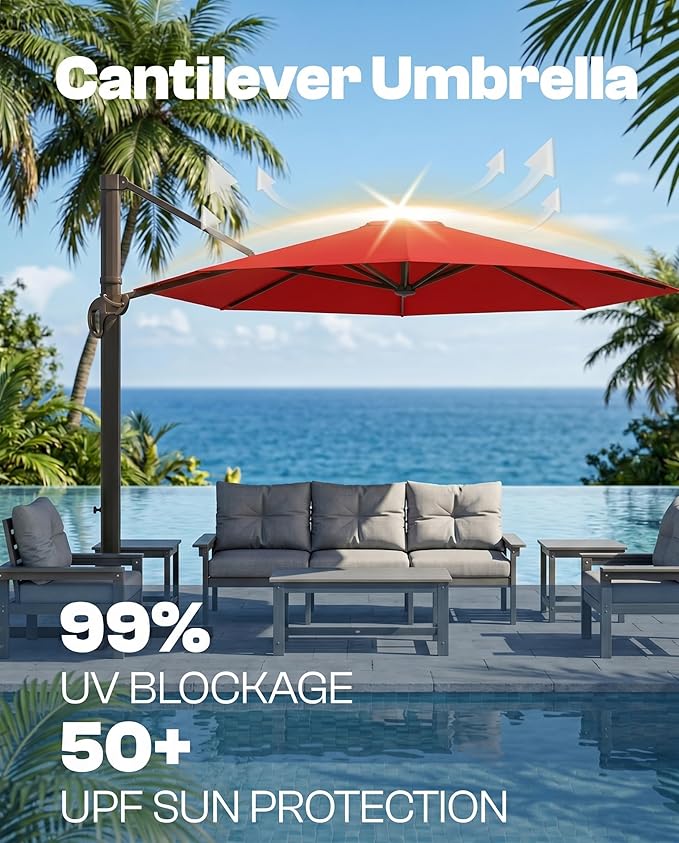 11 FT Round Cantilever Umbrella,Easy Tilt, Fade Resistant & 360° Rotation, Offset for Pool Deck Backyard Patiored (Base not Included)