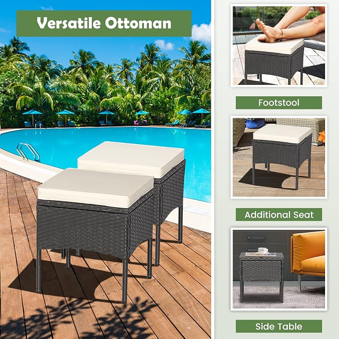 Tangkula 5 Piece Outdoor Wicker Sofa Set, Patiojoy Rattan Sofa Set with Coffee Table & 2 Ottomans, Rustproof Metal Frame, Soft Seat Cushions, Patio Conversation Set for Backyard, Poolside (Off White)