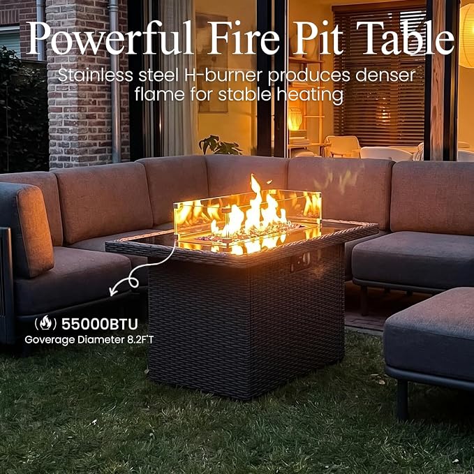 LayinSun 11 Pieces Patio Furniture Set with Fire Pit Table, Modern Outdoor Modular Sectional Conversation Set L-Shaped Sofa with 7-inch Cushion for Garden Backyard Deck