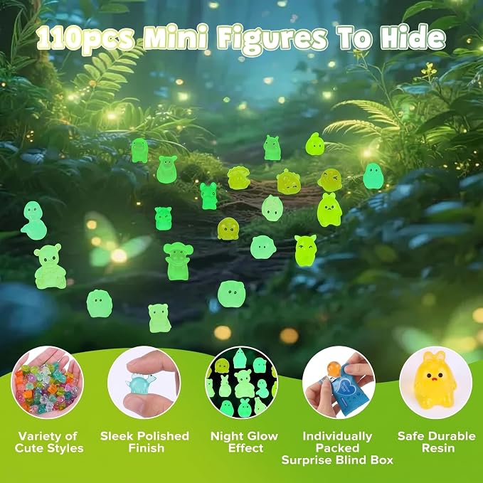 110 Pcs Mystery Mini Resin Animal Blind Bags, 60+ Variety Combination Set for Classroom Prizes, Party Favors, Glow in the Dark Luminous Miniature Figurines Bulk for Fairy Garden, DIY Decor