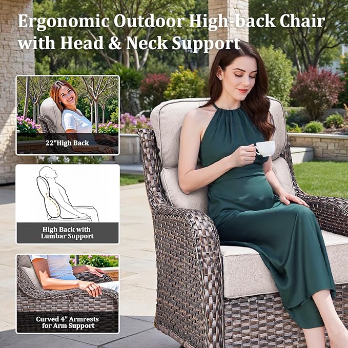 Luxury Patio Furniture Set with 42.5" Fire Pit Table, 6 Pieces High Back All Weather Wicker Outdoor Furniture w/ 6-Inch Thick Cushions, Patio Swivel Chairs Couch for Deck Balcony Backyard Brown/Beige