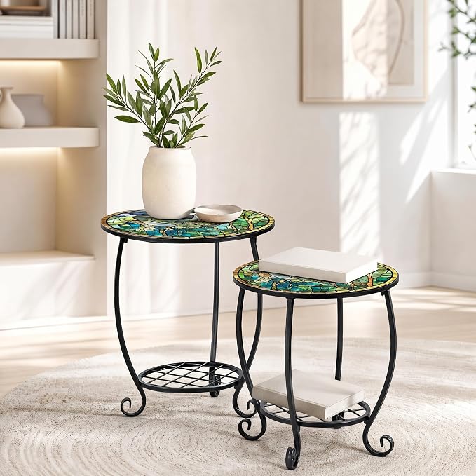 Cinnvoice 2 Pcs Outdoor Side Table Small Patio Round Mosaic Accent End Table Indoor Plant Metal Coffee Tea Tables for Patio Yard Porch Garden Living Room(10" and 16",Butterfly Style)