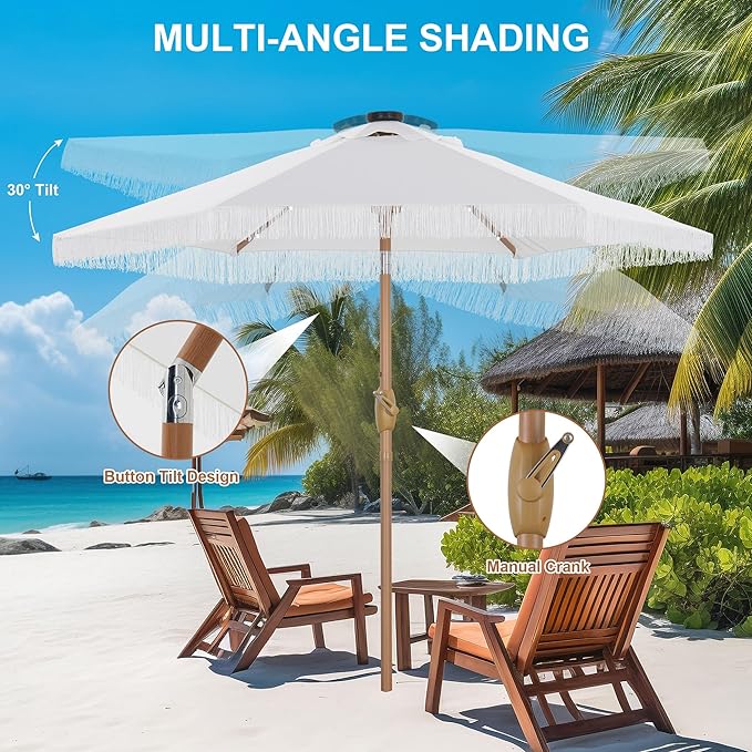 GDY 7.5ft Tassel Patio Umbrella and Matching Base, Outdoor Table Umbrella with 18 LED Lights,Market Umbrella with 6 Sturdy Ribs, with Push Button Tilt and Crank, Bright White