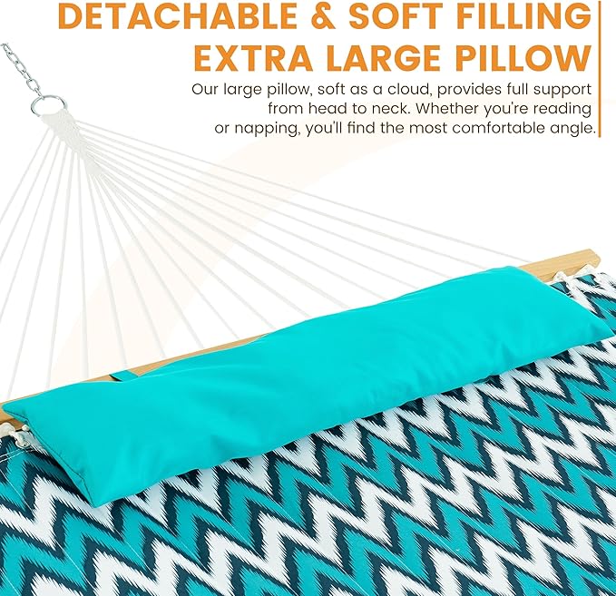 Lazy Daze Hammocks 12 FT Quilted Fabric Double Hammock with Spreader Bars and Detachable Pillow, 2 Person Hammock for Outdoor Patio Backyard Poolside, 450 LBS Weight Capacity, White & Blue Chevron