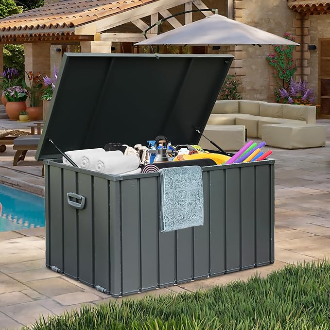 Domi Deck Box 150 Gallon Outdoor Storage Box, Large Metal Storage Cabinet Waterproof Lockable Container for Patio Furniture Cushions Garden Tools Pool-Supplies, Dark Grey