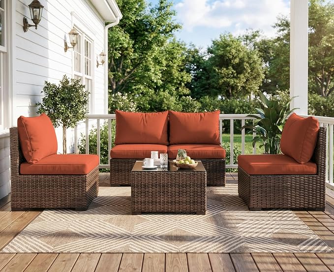 5 Pieces Patio Furniture Set with Glass Table, Outdoor PE Rattan Sectional Sofa with Soft Cushions for Backyard, Porch, and Poolside (Red, 5 PCS w/Table)