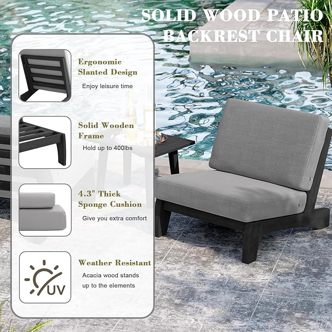 UIXE Black Wood Patio Furniture Sets, 4 Pieces All Weather Outdoor Sectional Futniture Patio Sofa Chair Backyard Conversation Set with Solid Wooden Coffee Table - Light Gray